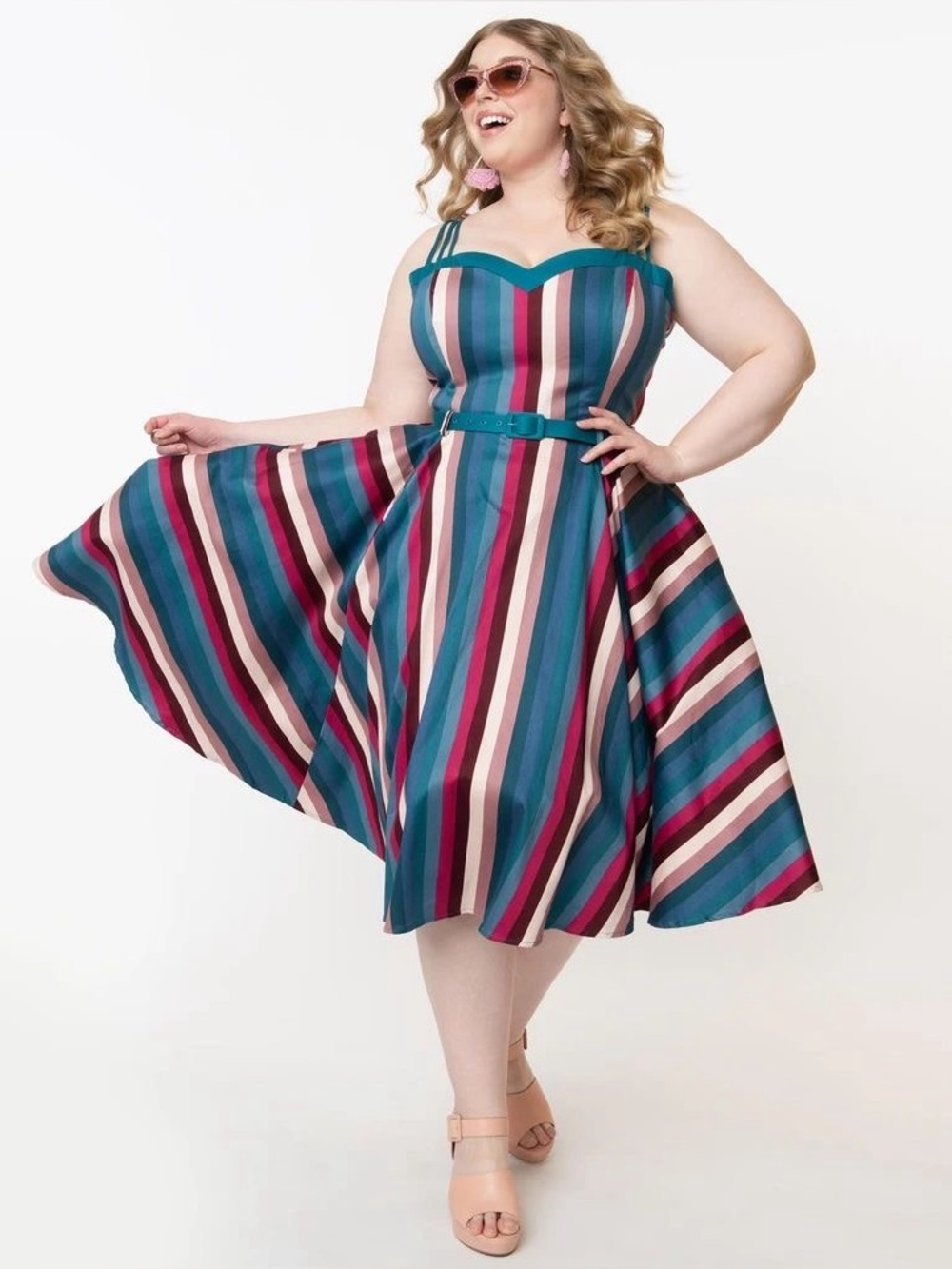 Unique Vintage Collectif Nova Paradise Teal & Pink Stripe Swing Dress - Picture 3 of 14